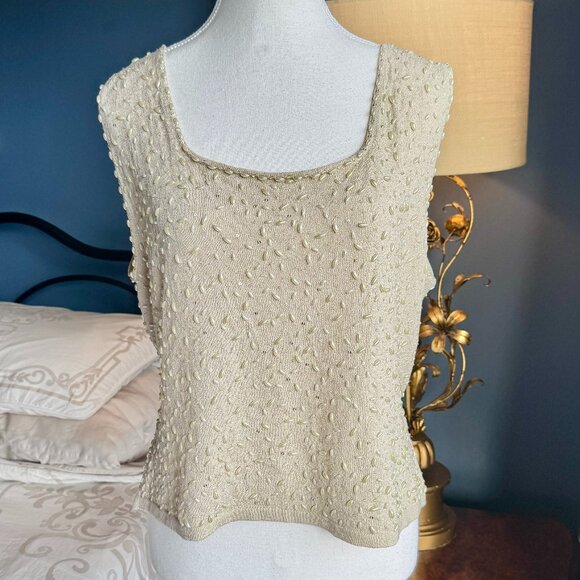 Vintage Cream Knit Tank w Embroidered Pearls and Sequins - Picture 2 of 14